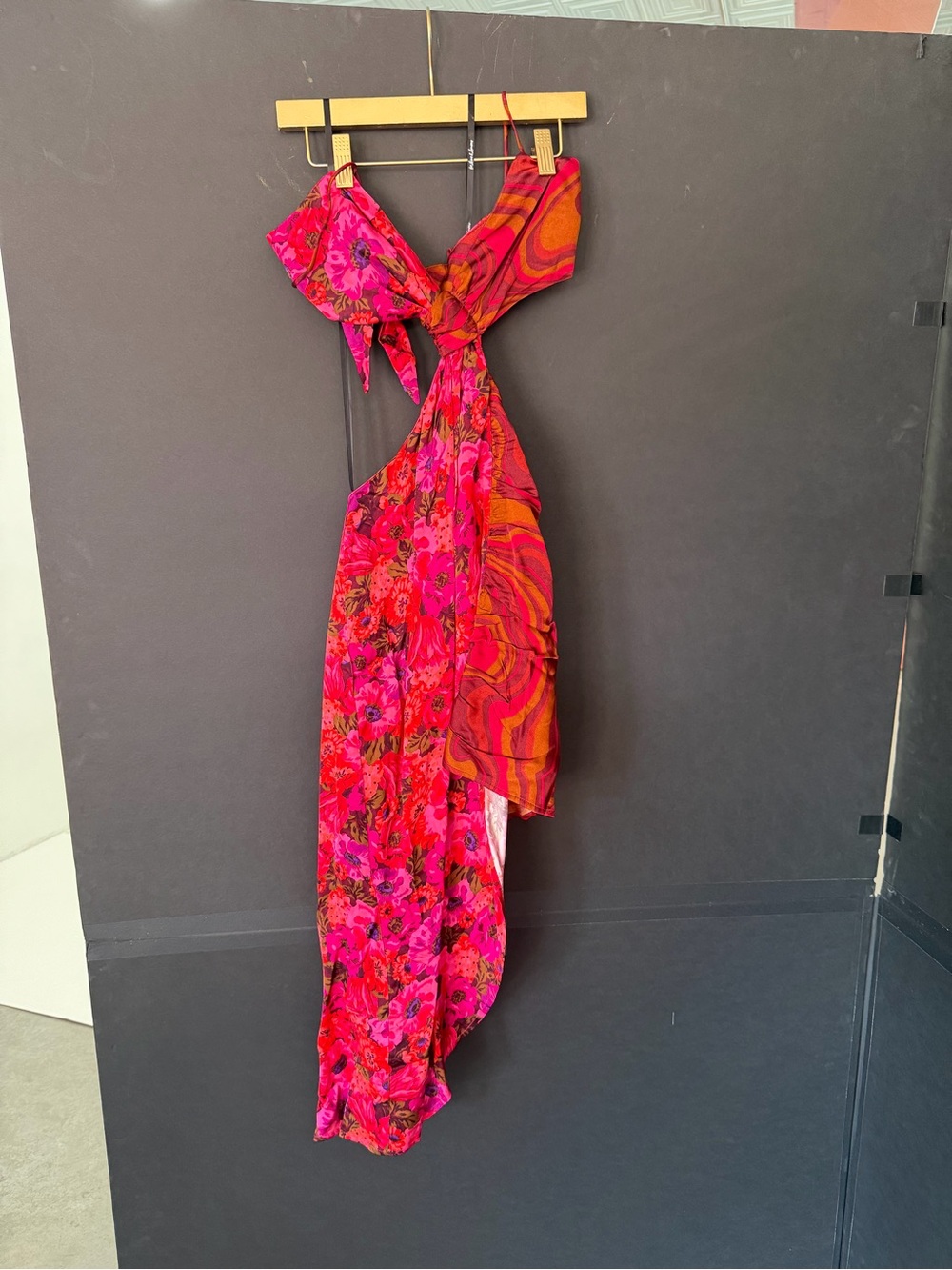 For Love & Lemons Pink and Red Floral Asymmetrical Cutout Maxi Dress